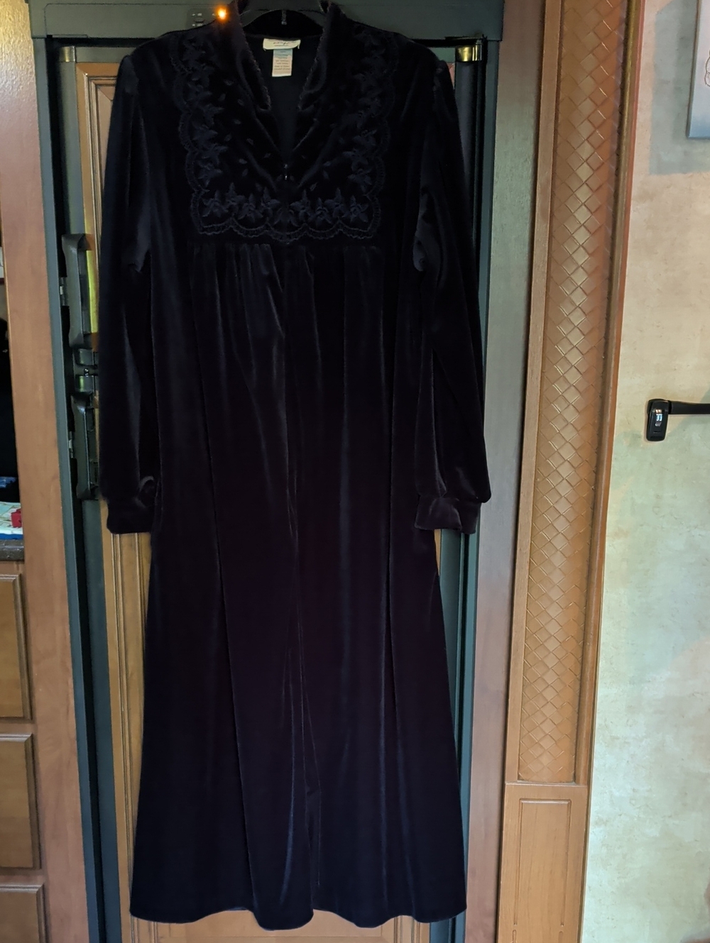 Amanda Stewart Velvet Embroidered Yoke Long Robe - Black